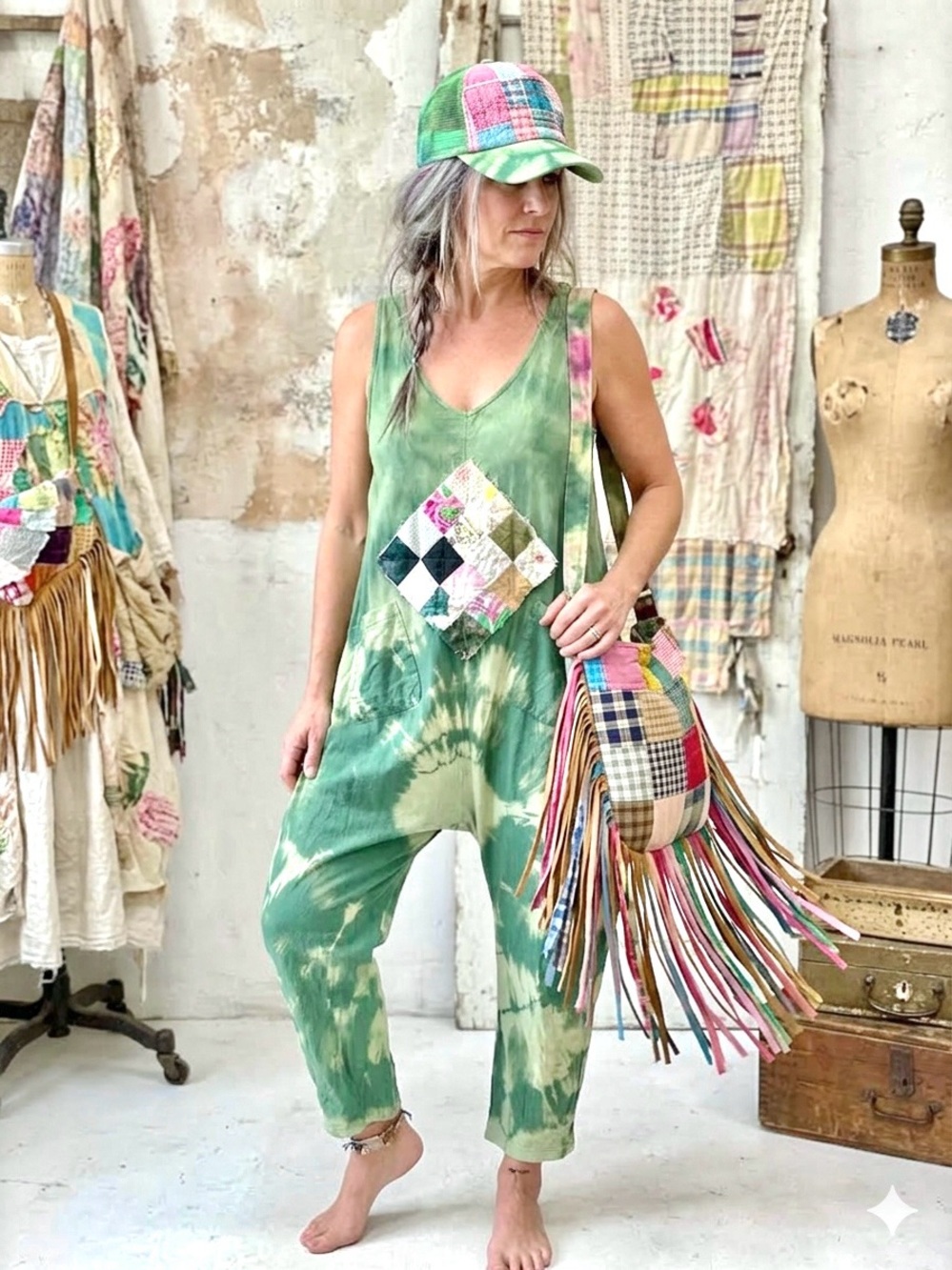 Upcycled patchwork Tie-Dye Romper Jumpsuit w cottagecore farmhouse hippy vibe